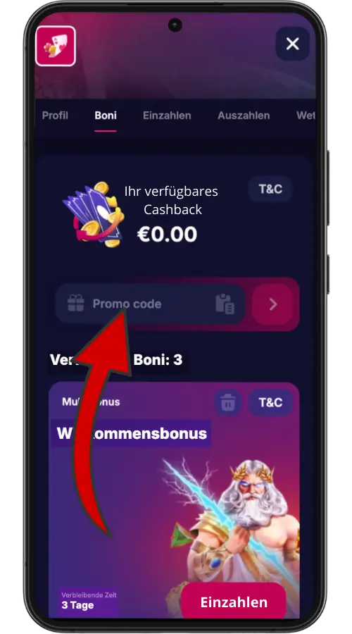 NV Casino Bonusbereich mit Promo-Code-Eingabefeld und verfügbaren Boni