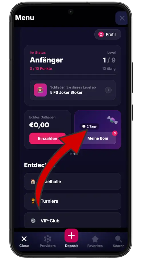 NV Casino Mobilmenü mit Pfeil zur Schaltfläche Meine Boni im Profilbereich