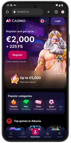 NV Casino aplikace otevřená na zařízení Android