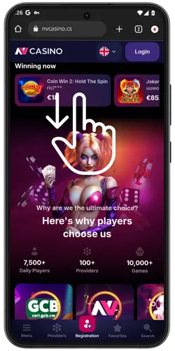 NV Casino stránka s tlačítkem stažení v dolní části