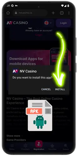 NV Casino automatické stahování souboru APK v prohlížeči