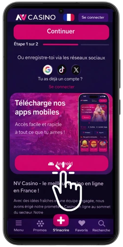 Finger tapping the pink Android download button on the NV Casino mobile site