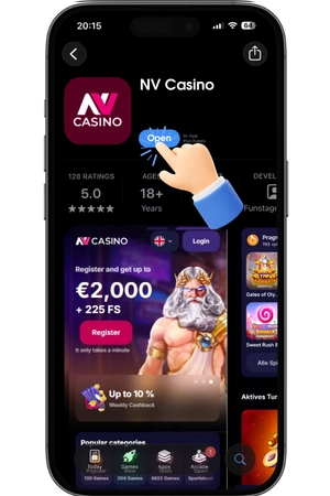 NV Casino iOS app – otevření po stažení, tlačítko Otevřít