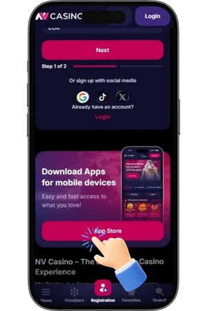 NV Casino iOS app – tlačítko ke stažení ve spodní části stránky