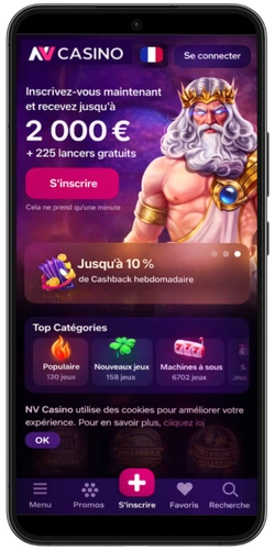 NV Casino homepage showing a €2,000 welcome bonus and 225 free spins offer