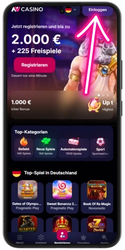 NV Casino Website öffnen und auf Anmelden oder Registrieren klicken
